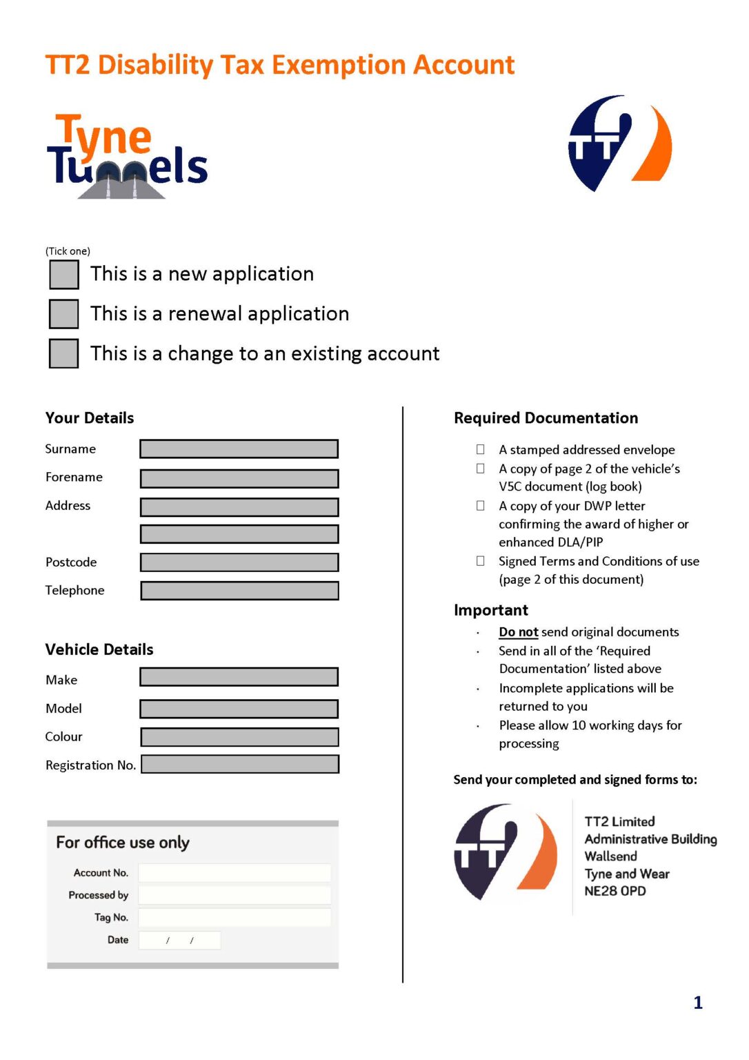 Exemption Accounts – Apply by Post - Tyne Tunnel 2