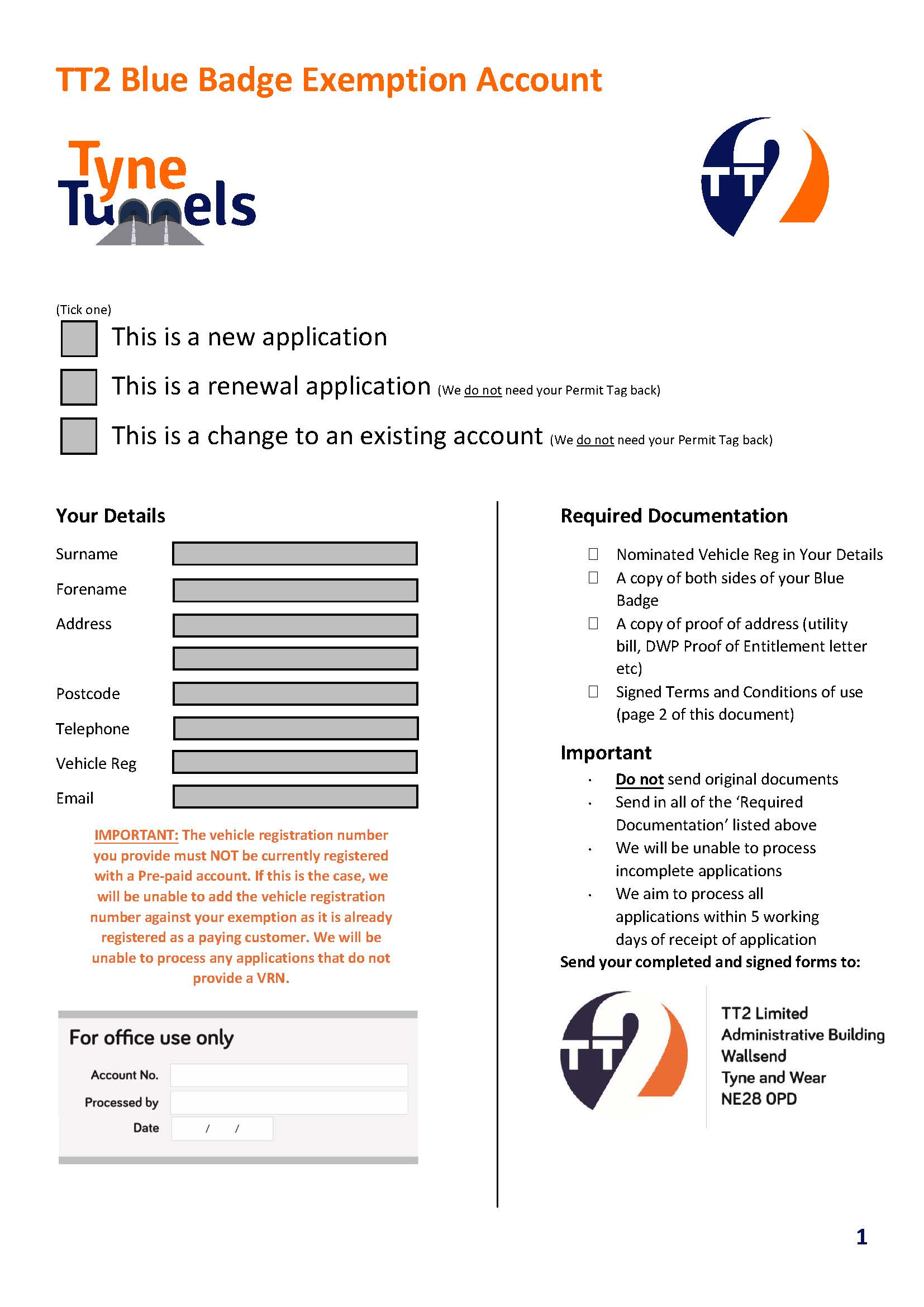 Exemption Accounts Apply by Post Tyne Tunnel 2